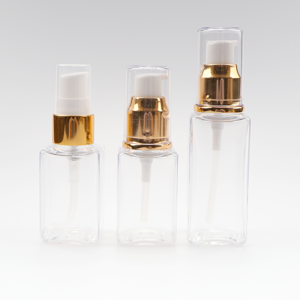 Refillable clear plastic PET cosmetic dispensing bottle 40 ml 60 ml square transparent perfume lotion shampoo bottle with gold and silver cap